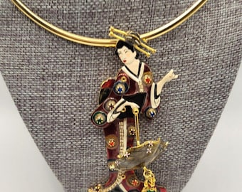 Signed LUNCH at the RITZ Geisha Girl Pendant Brooch Hand Painted Fully Articulated