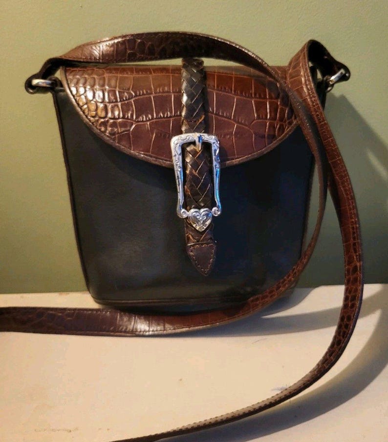 BRIGHTON Bucket Black Brown Croc Pattern Leather Shoulder Handbag Vintage CLEAN image 3