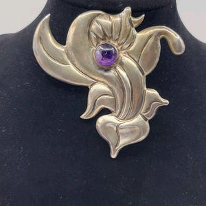 Vintage 925 Sterling Silver Mexican Amethyst Cabochon Floriform Scroll Brooch Pin Extra Large