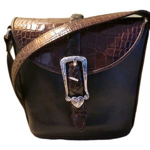 BRIGHTON Bucket Black Brown Croc Pattern Leather Shoulder Handbag Vintage CLEAN image 6