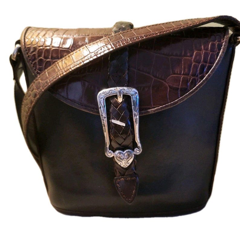 BRIGHTON Bucket Black Brown Croc Pattern Leather Shoulder Handbag Vintage CLEAN image 6