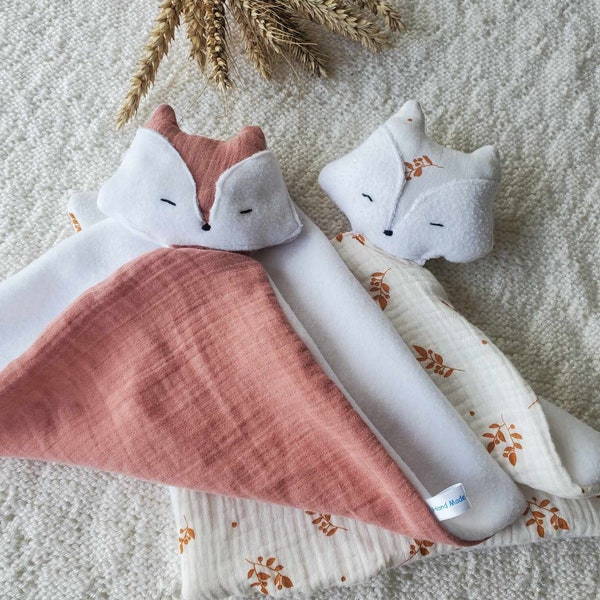 Doudou Renard fait main / Doudou plat / Double gaze de coton / Polaire / Doudou original unisexe / Cadeau de naissance