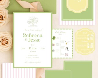 Conjunto de convites de casamento - Tema de jardim verde, amarelo e rosa