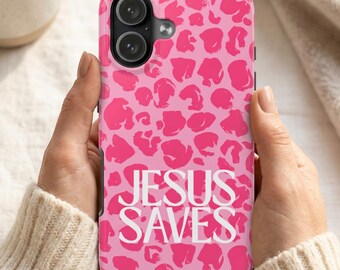 Christliche Handyhülle | Handyhülle mit pinkfarbenem Leopardenmuster und Jesus-Motiv | Geschenk für christliche Mädchen