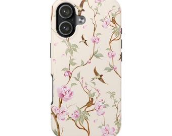 Vintage Cherry Blossom Bird Phone Case Romantic Floral Pattern with Songbirds, Soft Pastel Pink Botanical Art, Elegant Spring Aesthetic