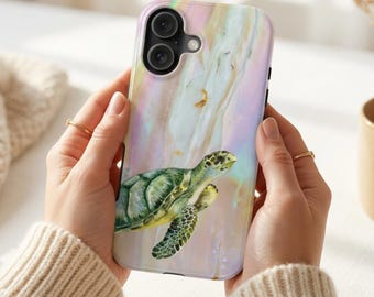 May include: A smartphone case featuring an iridescent, pearlescent background with a swirling marble-like pattern in soft pastel tones. A detailed illustration of a green sea turtle is positioned in the lower center, swimming upward.