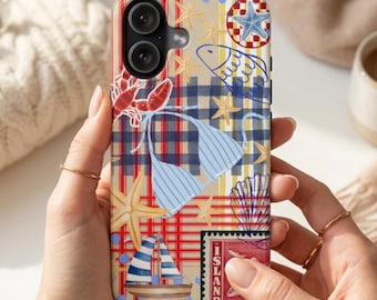 May include: A smartphone case featuring a collage of nautical elements including a red lobster, a blue striped bikini top, a sailboat, seashells, and starfish over a red, blue, and yellow plaid background with a red stamp labeled ISLAND.