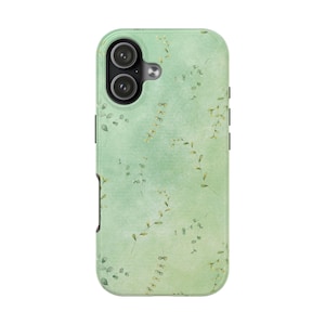 May include: A mint green phone case with a watercolour design of delicate green leaves and stems. The case has a glossy finish and features a dual-lens camera cutout and black side buttons.