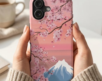 Capa para celular com estampa de flor de cerejeira japonesa, Monte Fuji e pôr do sol rosa | Capa rosa feminina para celular | Presente para ela | Arte inspirada no Japão