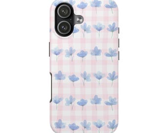 Cute Cottagecore Floral Phone Case Pastel Floral Gingham Phone Case Blue Wildflowers & Pink Checkered Background iphone 17 trending simple