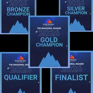 May include: Five rectangular awards with a dark blue starry background, a mountain logo, and the text European Summit Championship The Inaugural Season 2026. The awards are labeled Bronze Champion, Silver Champion, Gold Champion, Qualifier, and Finalist.