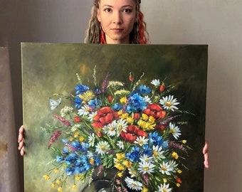 Blumenstrauß aus Wildblumen, Ölgemälde original Ölgemälde, Blumenleinwandkunst, realistisches Gemälde von Pfingstrose, Blumen, Ölkunst, Wanddekor