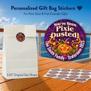 May include: A white paper gift bag and a sheet of round stickers featuring a purple background, a jack-o'-lantern, and the text "You've Been Pixie Dusted! The Smith Family - Stateroom 1923". The sticker is labeled as 1.03 inches in size.
