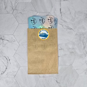 Puede incluir: Un sobre de papel marr&oacute;n con una pegatina que dice "Bow to Stern Shop" y una ilustraci&oacute;n azul y blanca de un crucero. El sobre contiene una pila de pegatinas blancas con dise&ntilde;os azules y blancos.
