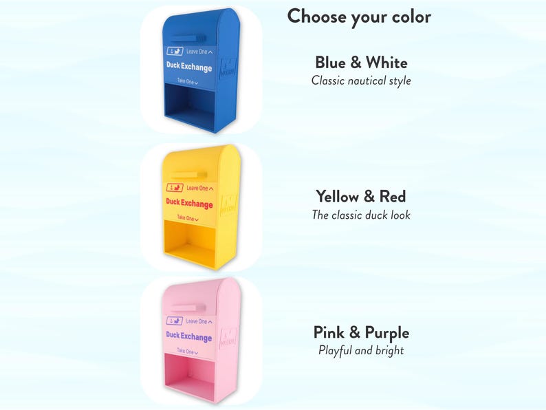 May include: Three colorful Duck Exchange boxes in blue, yellow, and pink. Each box has a curved top and a lower shelf. Text on the boxes reads "Duck Exchange" and "Leave One, Take One." The image also includes text describing color options.