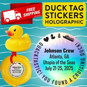 Duck Tag Stickers Personalized Holographic Cruising Duck Tags Carnival Royal Caribbean Disney Cruise NCL Rubber Duckie Cute Gifts For Cruise