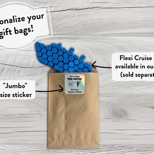 May include: A brown paper gift bag with a blue honeycomb-shaped sticker and a sticker that says "You've Been Pixie Dusted!"  The bag is labeled "Jumbo size sticker".  A separate sticker says "Flexi Cruise Ship available in our shop (sold separately)".