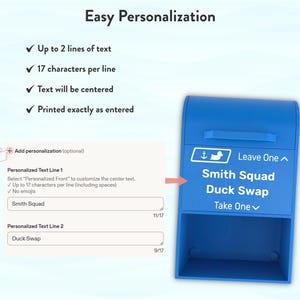 May include: A blue mailbox with the text "Smith Squad Duck Swap" and a graphic of a duck and a boat. The image also shows the personalization options, including text lines and character limits.