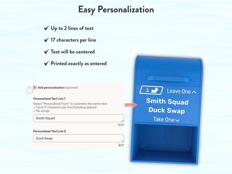 May include: A blue mailbox with the text "Smith Squad Duck Swap" and a graphic of a duck and a boat. The image also shows the personalization options, including text lines and character limits.