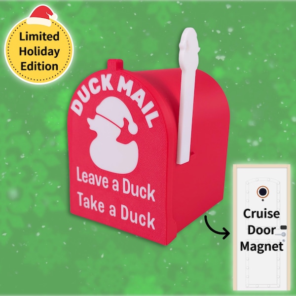 May include: A red mailbox-shaped container with the words "DUCK MAIL" and a duck wearing a Santa hat. The text "Leave a Duck Take a Duck" is below the duck graphic. A white paddle is in the slot. A "Limited Holiday Edition" sticker is in the upper left.