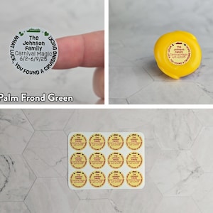 May include: A sheet of 16 yellow round stickers with the text "The Johnson Family Carnival Magic 6/2-6/9/25" printed in red. The stickers are arranged in a 4x4 grid on a white background.