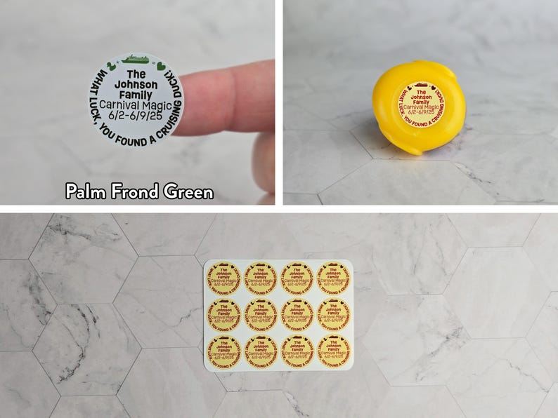 May include: A sheet of 16 yellow round stickers with the text "The Johnson Family Carnival Magic 6/2-6/9/25" printed in red. The stickers are arranged in a 4x4 grid on a white background.