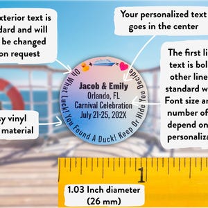 May include: A round glossy vinyl sticker, 1.03 inches in diameter, with personalized text for a Carnival Celebration. The design includes a boat, heart, and duck icons, with the text "Jacob & Emily, Orlando, FL, July 21-25, 202X."