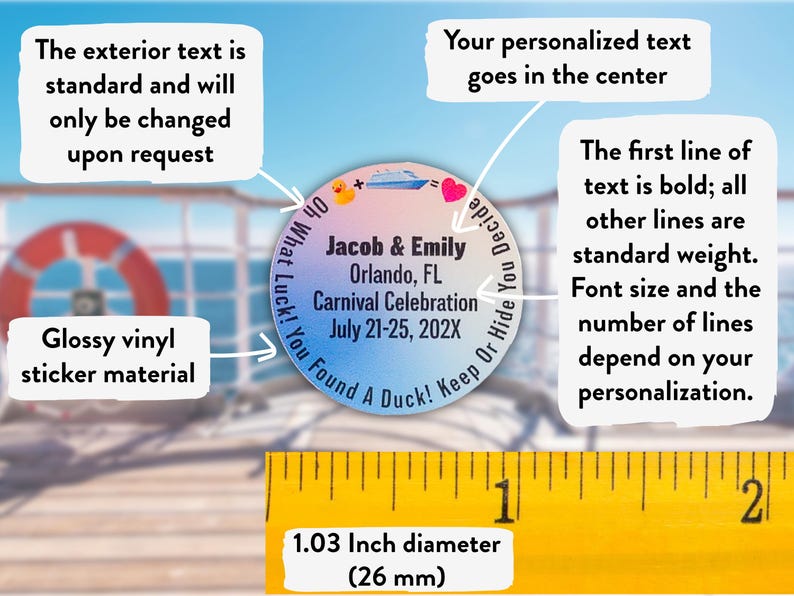 May include: A round glossy vinyl sticker, 1.03 inches in diameter, with personalized text for a Carnival Celebration. The design includes a boat, heart, and duck icons, with the text "Jacob & Emily, Orlando, FL, July 21-25, 202X."