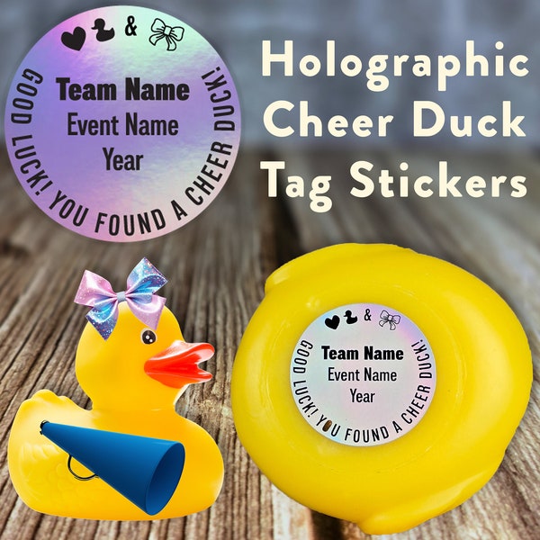 Cheer Duck Tag Stickers Personalized Holographic Varsity Spirit Summit All Star Cheer Squad Good Luck Cheer Duck Bow Cheerleader Mom Gift