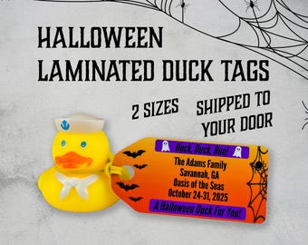 Duck Tags Halloween Themed Thick Laminated Keychain or Rubber Duck Labels Cruising Essential Duck Duck Boo Cute Spider Web Ghost Bat Design