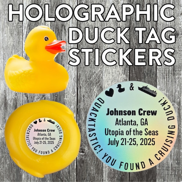 Duck Tag Stickers Personalized Holographic Cruising Duck Tags Carnival Royal Caribbean Disney Cruise NCL Rubber Duckie Cute Gifts For Cruise