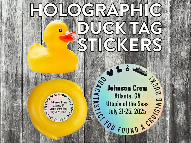 Duck Tag Stickers Personalized Holographic Cruising Duck Tags Carnival Royal Caribbean Disney Cruise NCL Rubber Duckie Cute Gifts For Cruise image 1