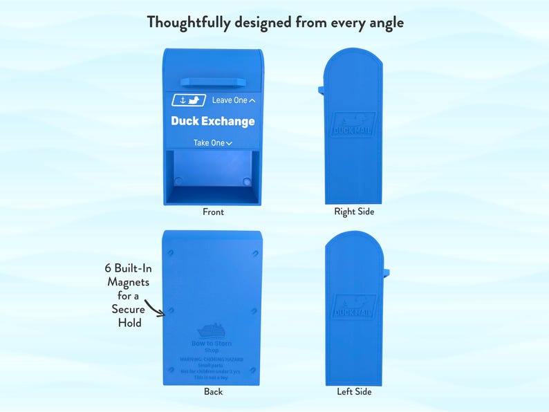 May include: A blue Duck Exchange box, shown from multiple angles. The front view displays the text "Duck Exchange" and "Leave One" and "Take One". The back view shows "6 Built-In Magnets for a Secure Hold". The sides are also shown.