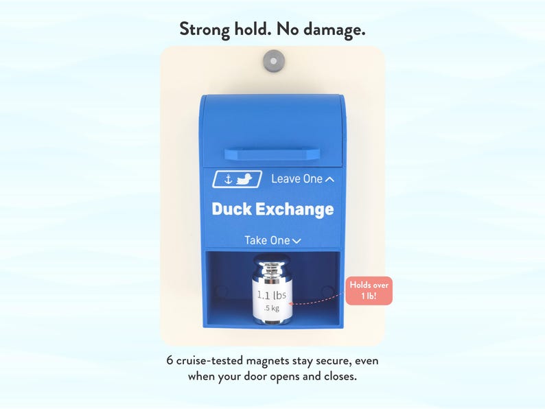 May include: A blue Duck Exchange box with the text "Leave One" and "Take One". The box holds a silver object that weighs 1.1 lbs (5 kg). The text "Strong hold. No damage." is at the top. The text "Holds over 1 lb!" is on the right.