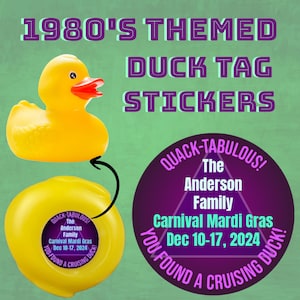Duck Tag Stickers Personalized 80s Purple Cruise Duck Tag Decals Magnet Duck Tags Royal Caribbean Carnival Disney Cruise Rubber Duck 1980s