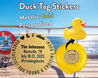 Cruising Duck Tag Stickers Metallic Gold Personalized Ducking Label Golden Birthday Cruise Gift Honeymoon Anniversary Trip Cute Duckie Label