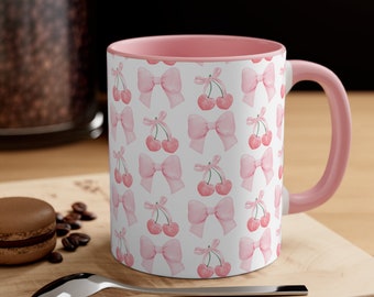 Coquette Room Decor Cute Mugs Aesthetic Bow Pink Trendy Sweet Cherries