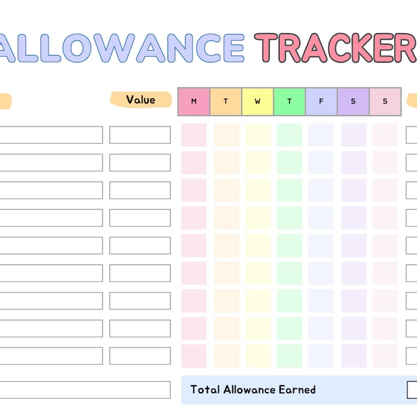 Editable Allowance tracker | Printable allowance chore chart | Daily Weekly Allowance tracker for teens | Earn money chart | Chore Chart