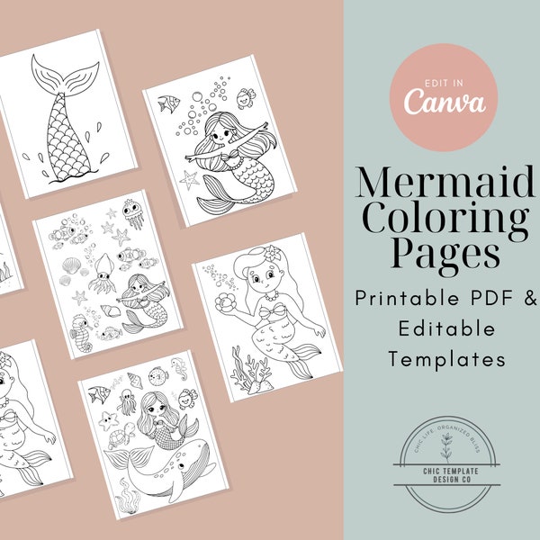 Mermaid Coloring Pages, Mermaid Coloring Book, Printable Coloring Book, Digital Download, Template for Mermaid Birthday Parties