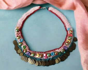 Womens Pink Crochet Choker Multicolor Beaded Ethnic Necklace Tiny Dangle Disc Necklace Mini Circle Sequin Choker Multiple Drop Casual Choker