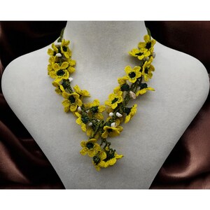Handmade Crochet Floral Necklace: Yellow Boho Lace Jewelry