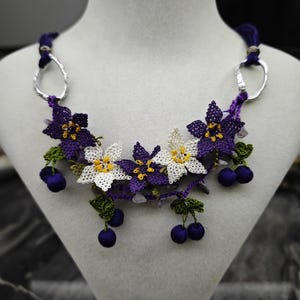 Purple Flower Needle Lace Necklace, Boho Floral Lace Necklace, Cherry Blossom Necklace, Crochet Bib Necklace, Mothers Day Gift, Gift For Mom