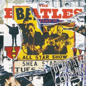 May include: A collage-style design featuring The Beatles. The image incorporates various elements, including band member portraits, concert posters, and the text "ULTIMATE EDITION." The color palette includes red, yellow, and black.