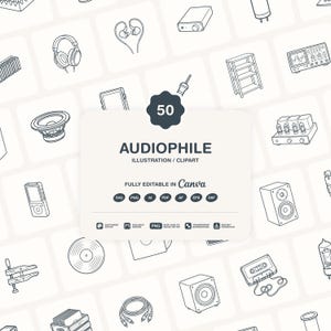 Może przedstawiać: Cyfrowa kolekcja 50 ilustracji liniowych o tematyce audiofilskiej, przedstawiająca sprzęt audio, taki jak słuchawki, głośniki, gramofony i kasety magnetofonowe. Centralna etykieta zawiera tekst 50 AUDIOPHILE ILLUSTRATION / CLIPART.