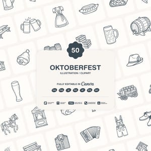 May include: A digital collection of 50 Oktoberfest illustrations and clipart featuring black line art icons of beer steins, a dirndl, a pretzel, a barrel, a hat, a horse, a ticket booth, an accordion, and lederhosen on a white background.