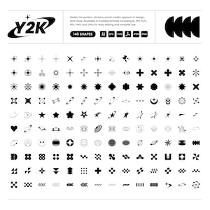 May include: A collection of 140 black and white shapes, including stars, hearts, and geometric designs. The image includes the text "Y2K" and information about file formats such as AI, EPS, SVG, and JPEG. Ideal for various design projects.