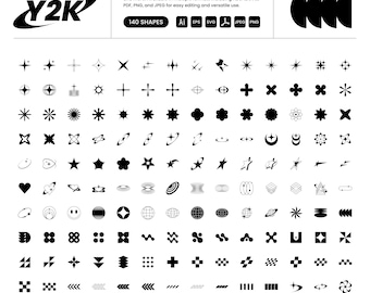 May include: A collection of 140 black and white shapes, including stars, hearts, and geometric designs. The image includes the text "Y2K" and information about file formats such as AI, EPS, SVG, and JPEG. Ideal for various design projects.