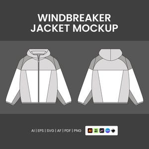 May include: A digital technical drawing of a windbreaker jacket shown from the front and back, featuring a hood, long sleeves, and a central zip. The text WINDBREAKER JACKET MOCKUP is displayed at the top, with file format icons at the bottom.