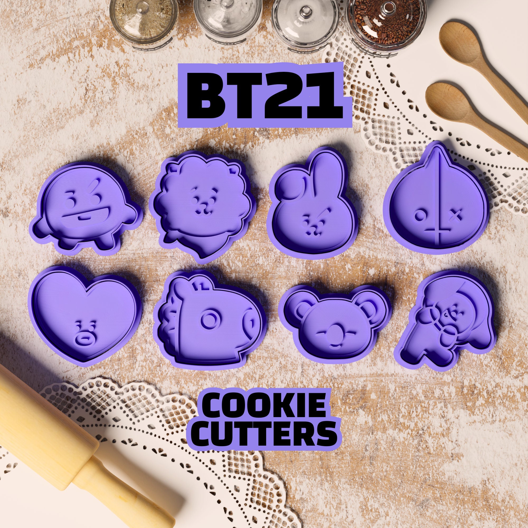 BTS BT21 Cookie Cutter Pack of 8 | Premium 3D Printed Kpop Cookie