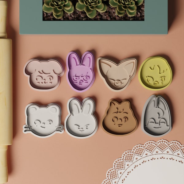 Skzoo OT8 Cookie Cutter Set of 8 | Stray Kids Clay Cutter | Kpop Cookie Stamp | Wolfchan Quokka Bbokari Jiniret Leebit Dwaekki PuppyM Foxiny